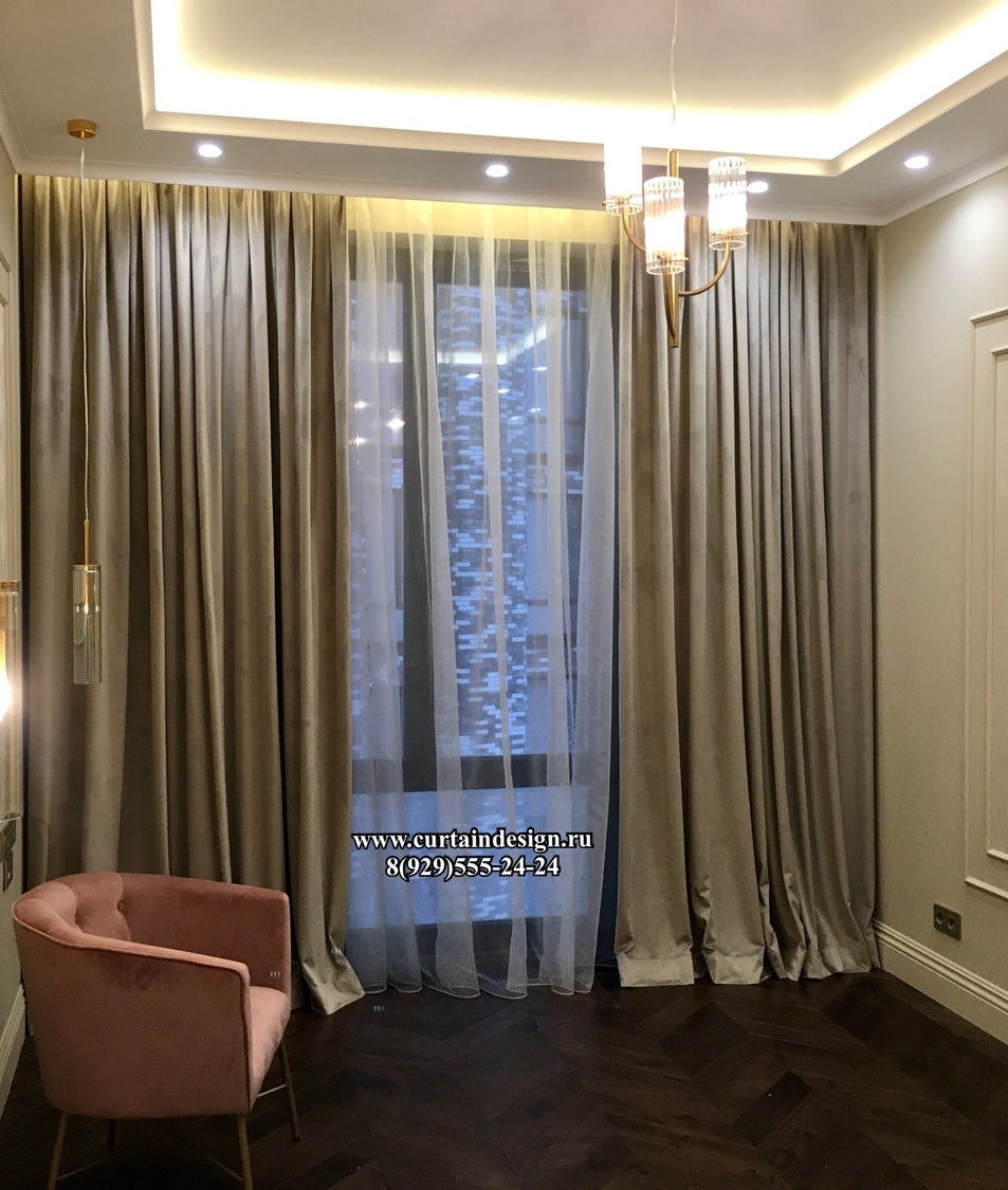 шторы из бархата, шторы на заказ,красивые шторы Шторы из бархата-блэкаут в бежевой гамме для спальни