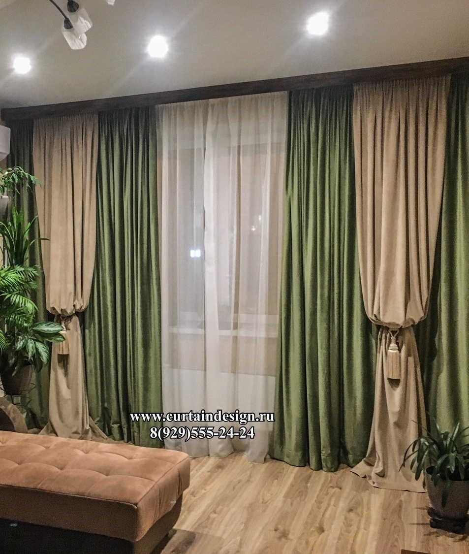 Шторы из бархата, шторы на заказ в москве Шторы гостиную из бархата, с декоративными портьерами "Епископский рукав"на кистях-подхватах